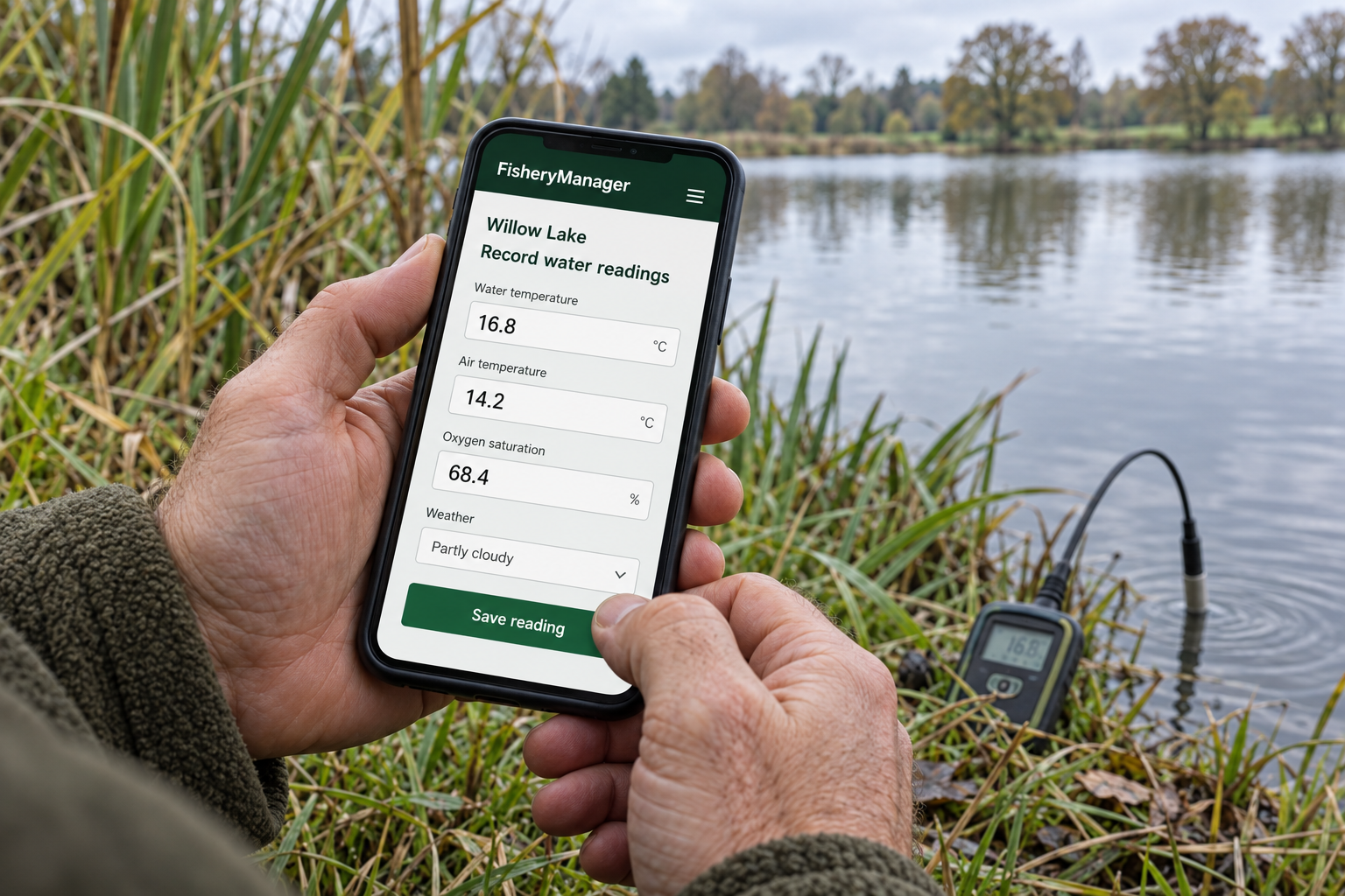 Water temperature, air temperature, oxygen and weather being recorded on a phone beside the lake